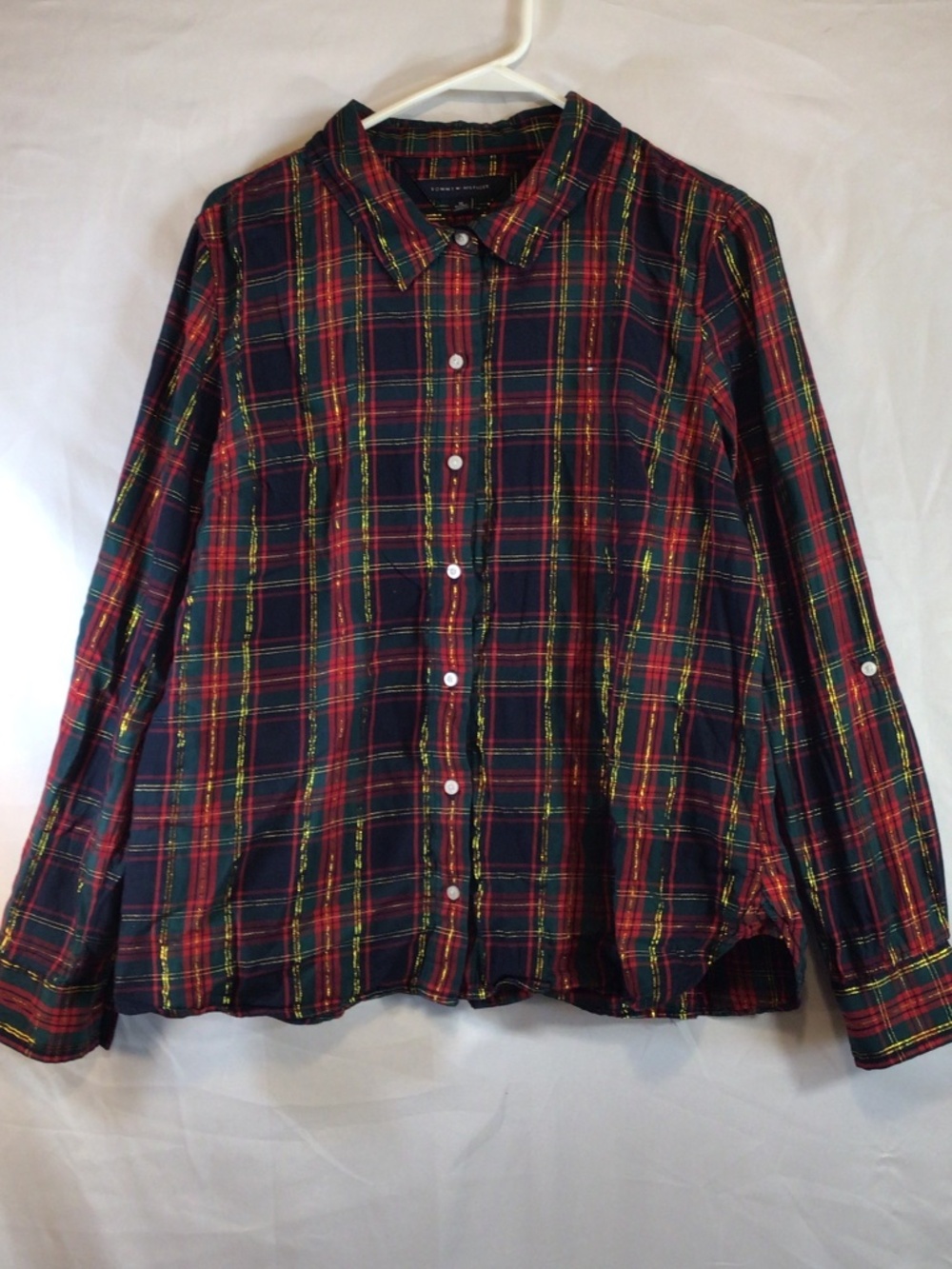 tommy hilfiger women tartan plaid button up shirt size XL red heritage holiday